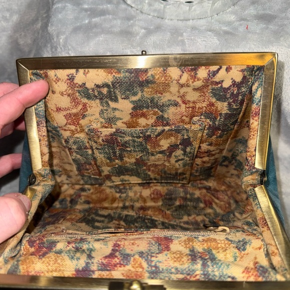 VTG Hobo International Teal Leather Bow Kisslock Handbag - Retro Frame Bag - Picture 9 of 9